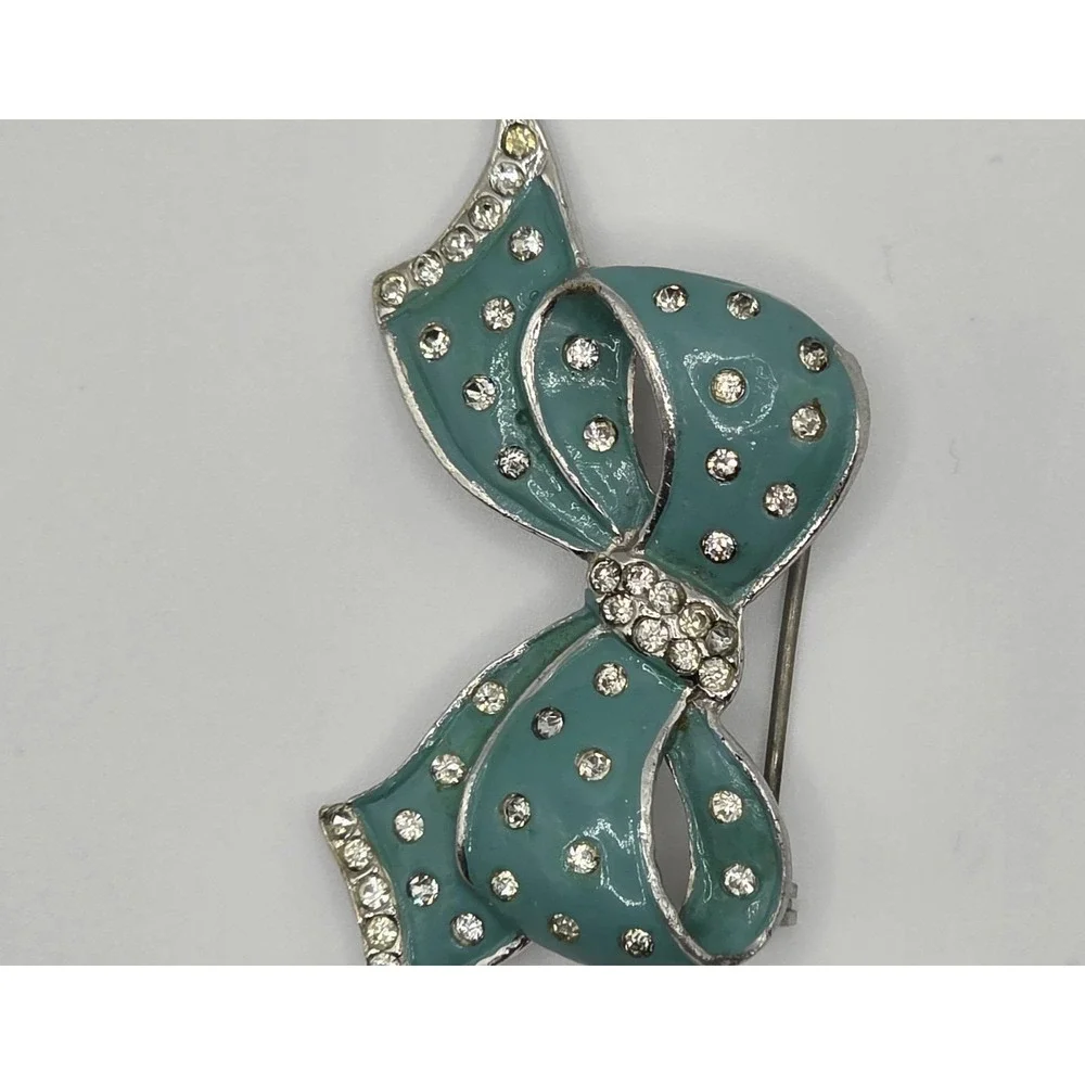 Vintage Silver Tone Blue Enamel Bow Brooch Rhinestone Statement Piece